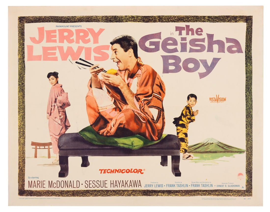 A "The Geisha Boy" Half Sheet.: (Paramount, 1958) A half-sheet for “The Geisha Boy” starring Jerry Lewis. Measuring 22" x 28", the poster is in very good condition, with light discoloration, the original folds, and creasing.