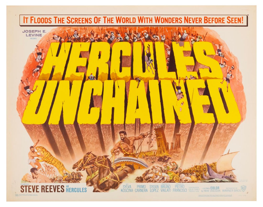 A "Hercules Unchained" Half-Sheet.: (Warner Bros., 1960) A half-sheet for the Italian-made, Sword-and-Sandal epic, “Hercules Unchained,” starring Steve Reeves as Hercules. Measuring 22" x 28", the poster is in very good