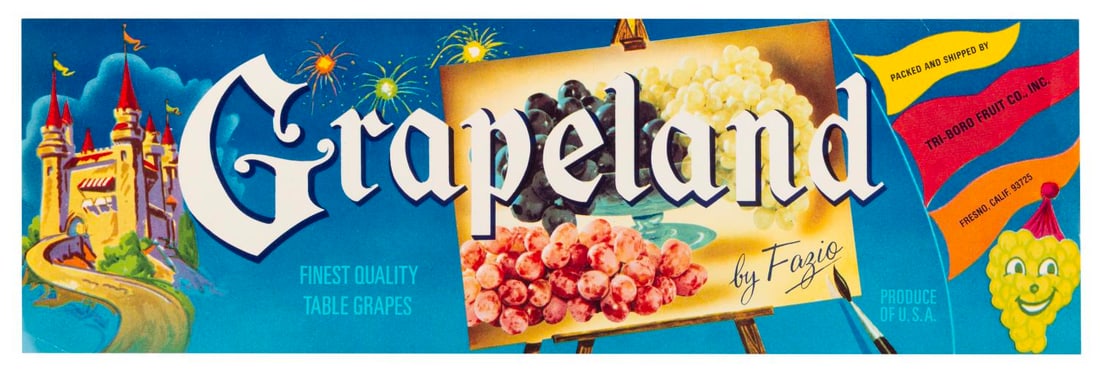 A "Grapeland" Grapes Fruit Crate Label.: (Tri-Boro Fruit Co. 1960s) A "Grapeland" fruit crate label featuring fairytale-inspired artwork. Measuring 4" x 12.5", the label is in very good condition with light creasing and edge wear.