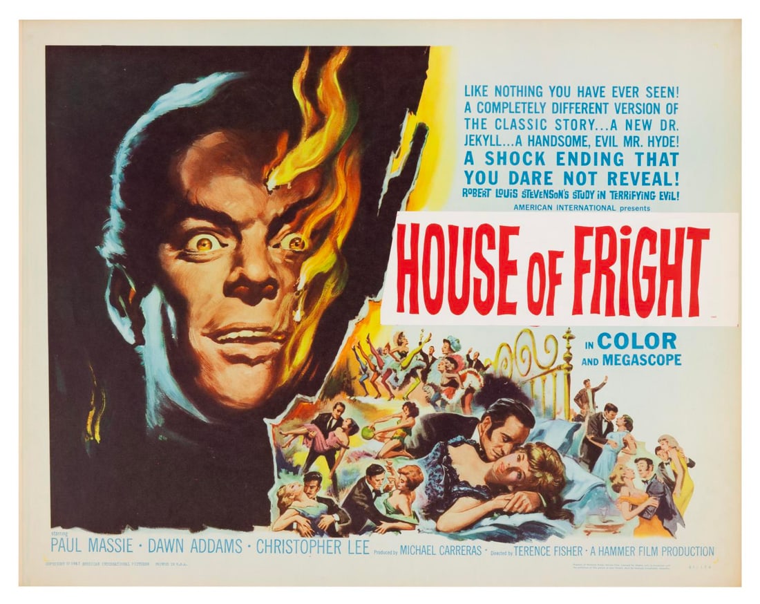 A "House of Fright" Half-Sheet.: (American International Pictures, 1961) A half-sheet for the Hammer Film “House of Fright” starring Christopher Lee, Paul Massie, and Dawn Addams. Measuring 22" x 28", the poster is in very