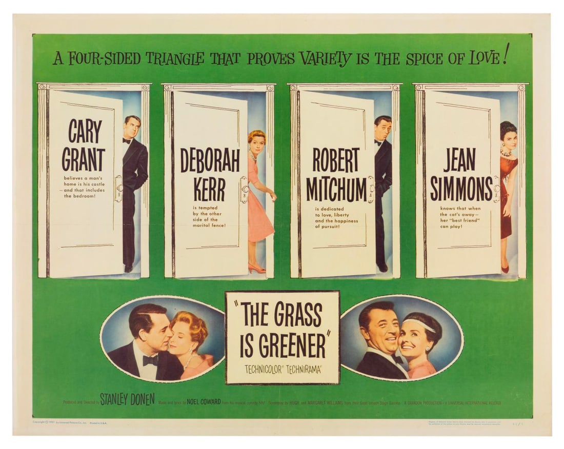 A "The Grass Is Greener" Half-Sheet.: (Universal, 1961) A half-sheet for "The Grass Is Greener," starring Cary Grant, Deborah Kerr, Robert Mitchum, and Jean Simmons. Measuring 20" x 28", the poster is in very good condition with original 