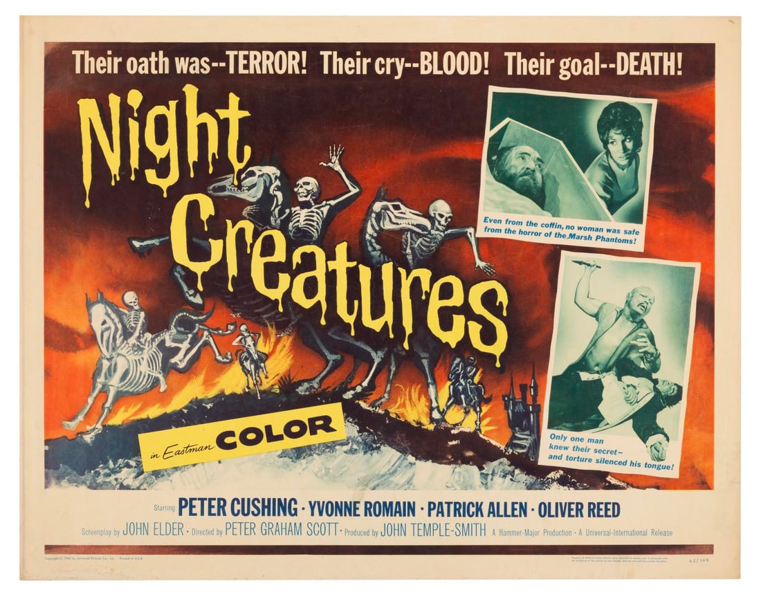 A "Night Creatures" Half-Sheet.: (Universal, 1962) A half-sheet for the Hammer Film “Night Creatures” starring Peter Cushing, Yvonne Romain, Patrick Allen, and Oliver Reed. Measuring 22" x 28", the poster is in good condition
