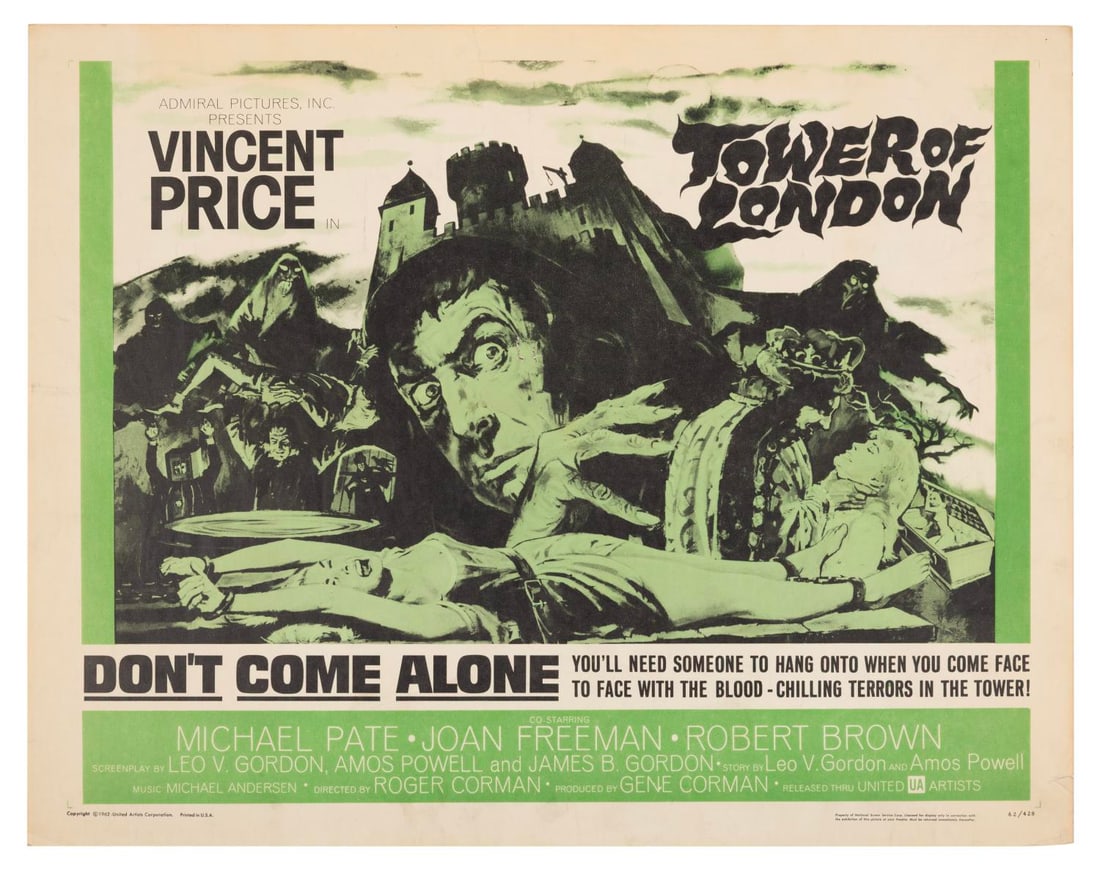 A "Tower of London" Half-Sheet.: (United Artists, 1962) A half-sheet for Roger Corman's "Tower of London" starring Vincent Price. Measuring 22" x 28", the poster is in good condition with creasing, discoloration, small holes to the