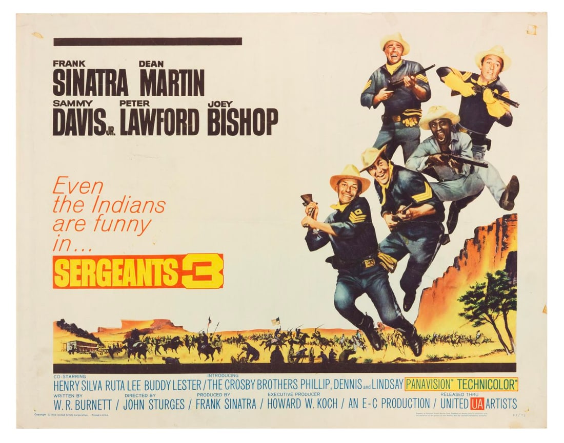 A "Sergeants 3" Half-Sheet.: (United Artists, 1962) A half-sheet for John Sturges' "Sergeants 3" starring Frank Sinatra, Dean Martin, Sammy Davis Jr., Peter Lawford, and Joey Bishop. Measuring 22" x 28", the poster is in good con