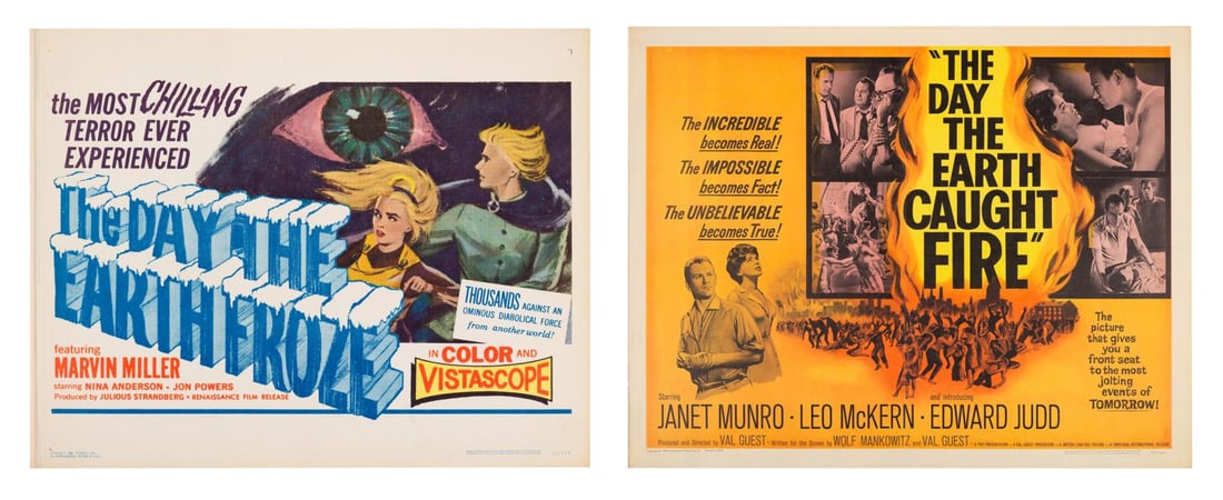 A Pair of "The Day The Earth Caught Fire" and "The Day The Earth Froze" Half-Sheets.: (Universal Pictures/American International Films, 1962/1963) A pair of half-sheets for "The Day The Earth Caught Fire," starring Janet Munro, and "The Day The Earth Froze," a heavily edited Soviet