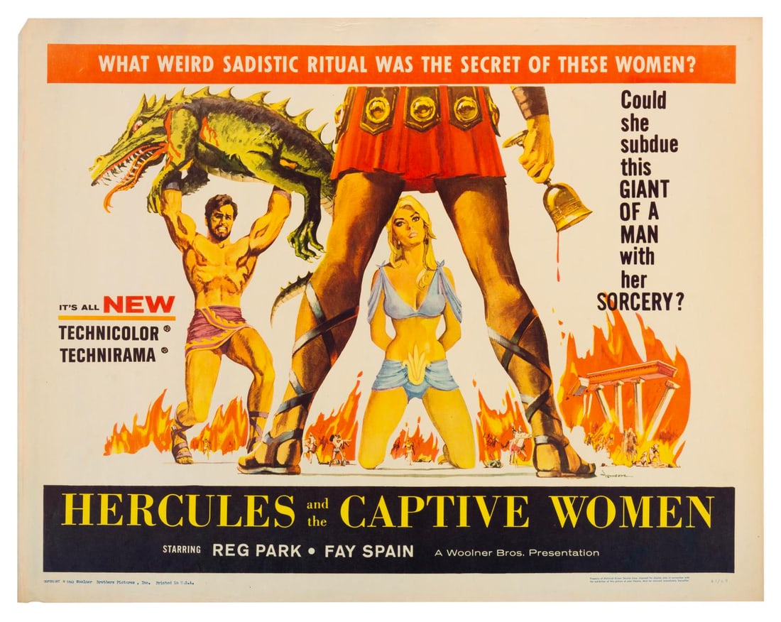 A “Hercules and the Captive Women?? Half Sheet.: (Woolner Bros., 1963) A half-sheet for “Hercules and the Captive Women” starring Reg Park and Fay Spain. Measuring 22" x 28", the poster is in good condition with light creasing,