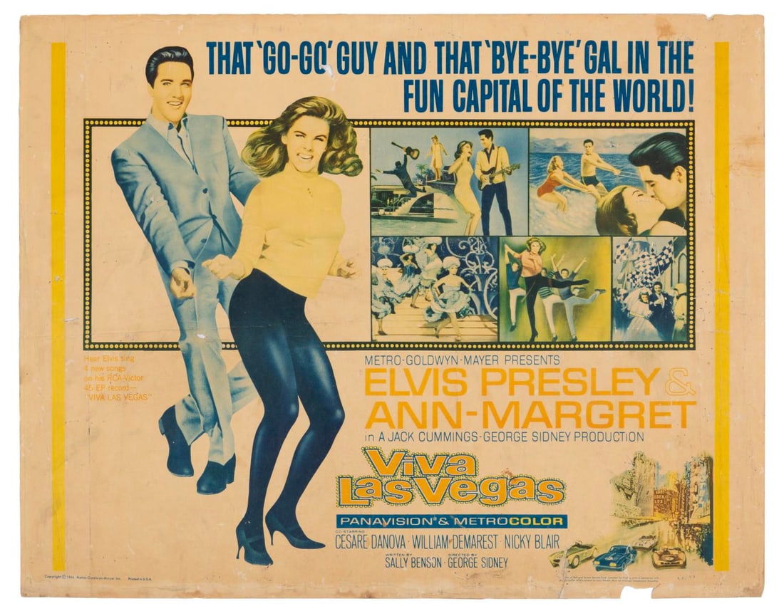 A "Viva Las Vegas" Half-Sheet.: (MGM, 1964) A half-sheet for Elvis Presley in "Viva Las Vegas." Measuring 22" x 28", the poster is in poor condition with heavy discoloration, edge wear, staining, soiling, staple holes, spots of pape