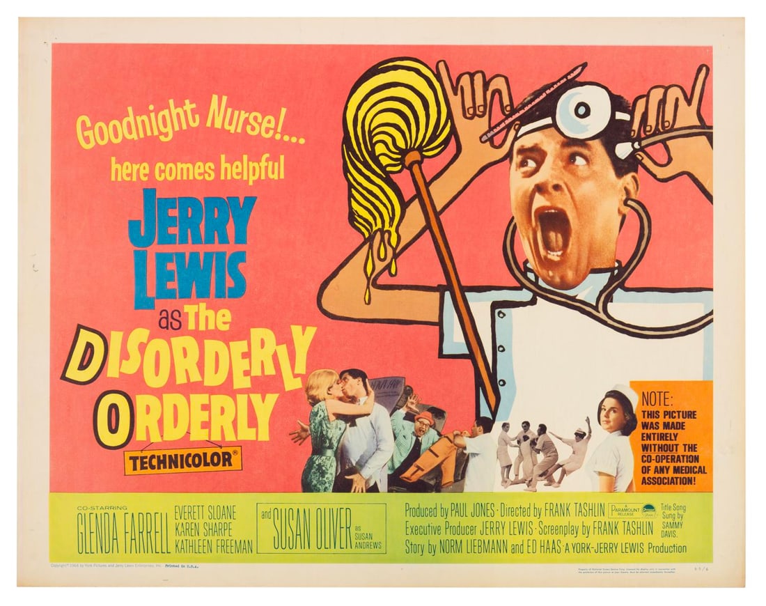 A "The Disorderly Orderly" Half-Sheet.: (Paramount, 1964) A half-sheet for "The Disorderly Orderly," starring Jerry Lewis. Measuring 22" x 28", the poster is in good condition with light creasing, discoloration, pinholes, soiling and spots 