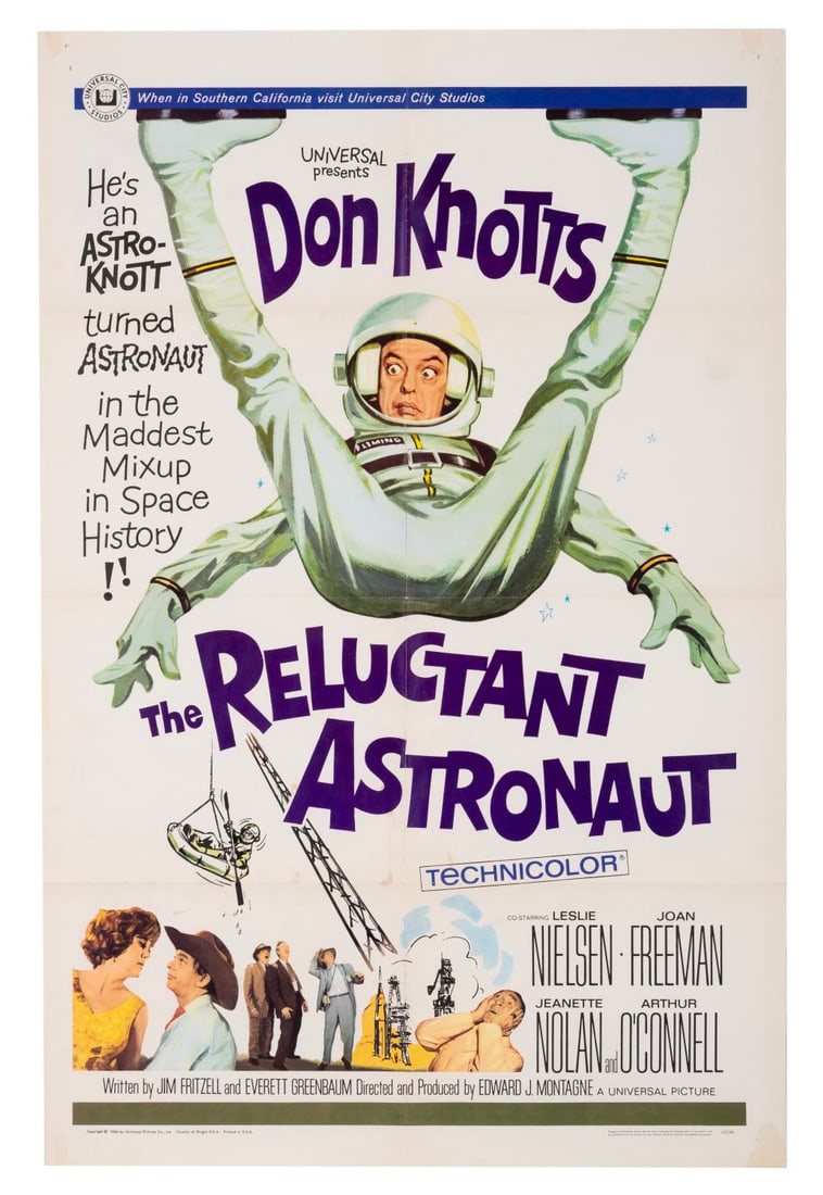 A Don Knotts “The Reluctant Astronaut?? One-Sheet.: (Universal, 1967) A one-sheet for “The Reluctant Astronaut” starring Don Knotts. Measuring 27" x 41" the poster is in good condition with discoloration, creasing, small stains, paper loss in