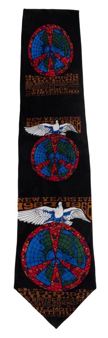 A 1967-1968 New Years Eve Winterland Concert Poster Necktie.: (The Fillmore Poster Ties, 1990s) A necktie patterned with Bonnie McLean’s poster for the 1967-1968 Winterland Concert in San Francisco, headlined by Jefferson Airplane, Big Brother and the Holding