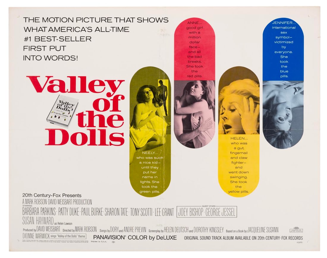 A “Valley of the Dolls?? Half-Sheet.: (20th Century Fox, 1967) A half-sheet for Mark Robson's "Valley of the Dolls" starring Barbara Parkins, Patty Duke, and Sharon Tate. Measuring 22" x 28", the poster is in good condition with original 