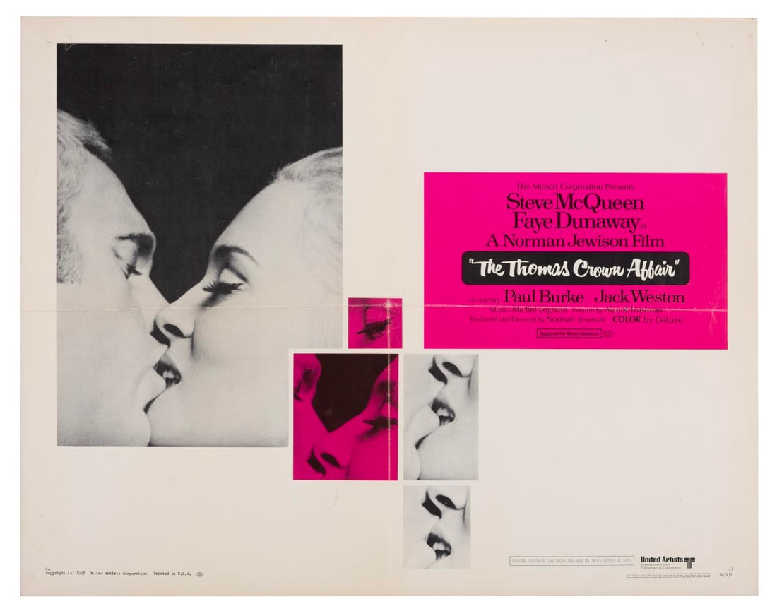 A Steve McQueen "The Thomas Crown Affair" Half-Sheet.: (United Artists, 1968) A half-sheet for "The Thomas Crown Affair," starring Steve McQueen and Faye Dunaway. Measuring 22" x 28", the poster is in very good condition with original folds, staple holes,
