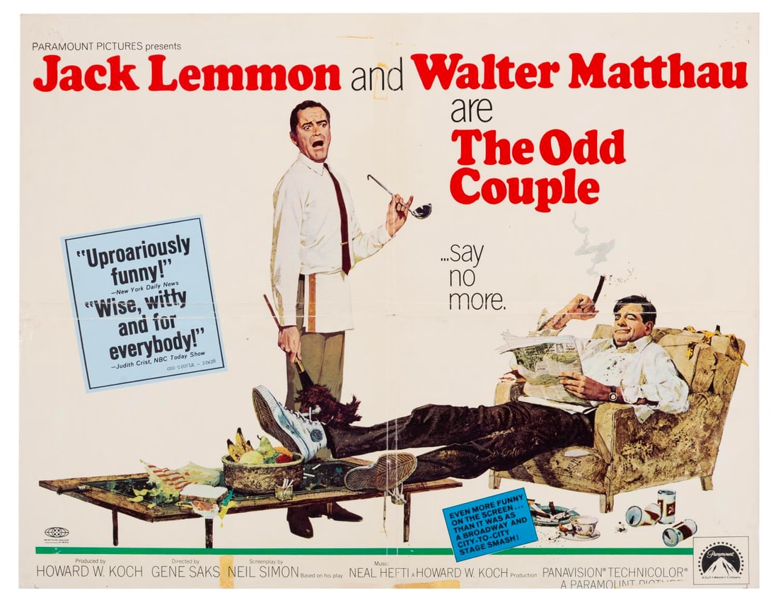 A “The Odd Couple?? Half-Sheet.: (Paramount, 1968) A half-sheet for “The Odd Couple,” starring Jack Lemmon and Walter Matthau. Measuring 21" x 27" trimmed, the poster is in fair to good condition with original folds, non-orig