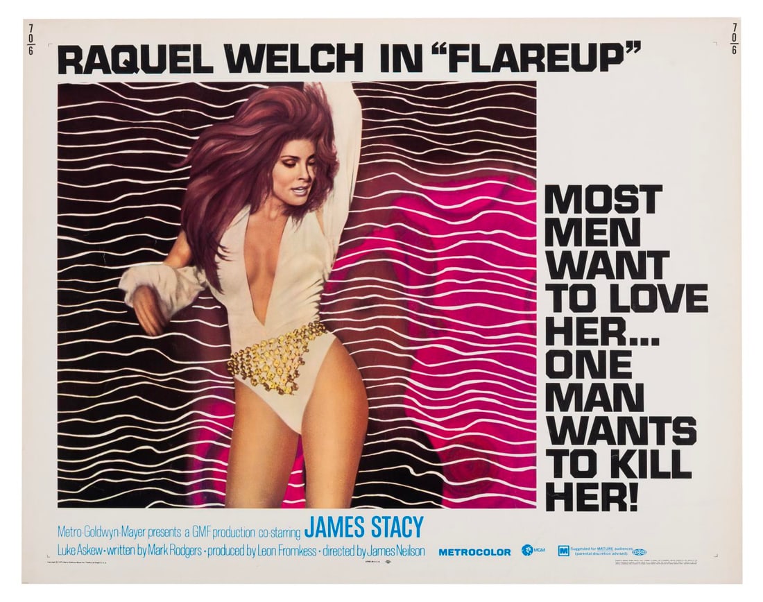 A "Flareup" Half-Sheet.: (MGM, 1969) A half-sheet for "Flareup" starring Raquel Welch and James Stacy. Measuring 22" x 28", the poster is in very good condition with original folds, staple holes, light creasing, edge wear,