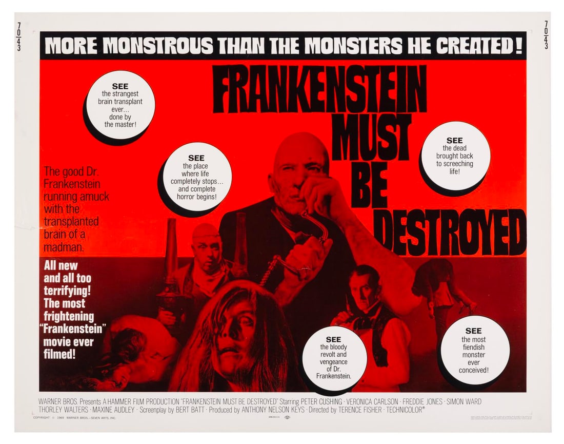 A “Frankenstein Must Be Destroyed?? Half-Sheet.: (Warner Bros., 1969) A half-sheet poster for the Hammer Film “Frankenstein Must Be Destroyed” starring Peter Cushing. Measuring 22" x 28", the poster is in good condition with creases and a