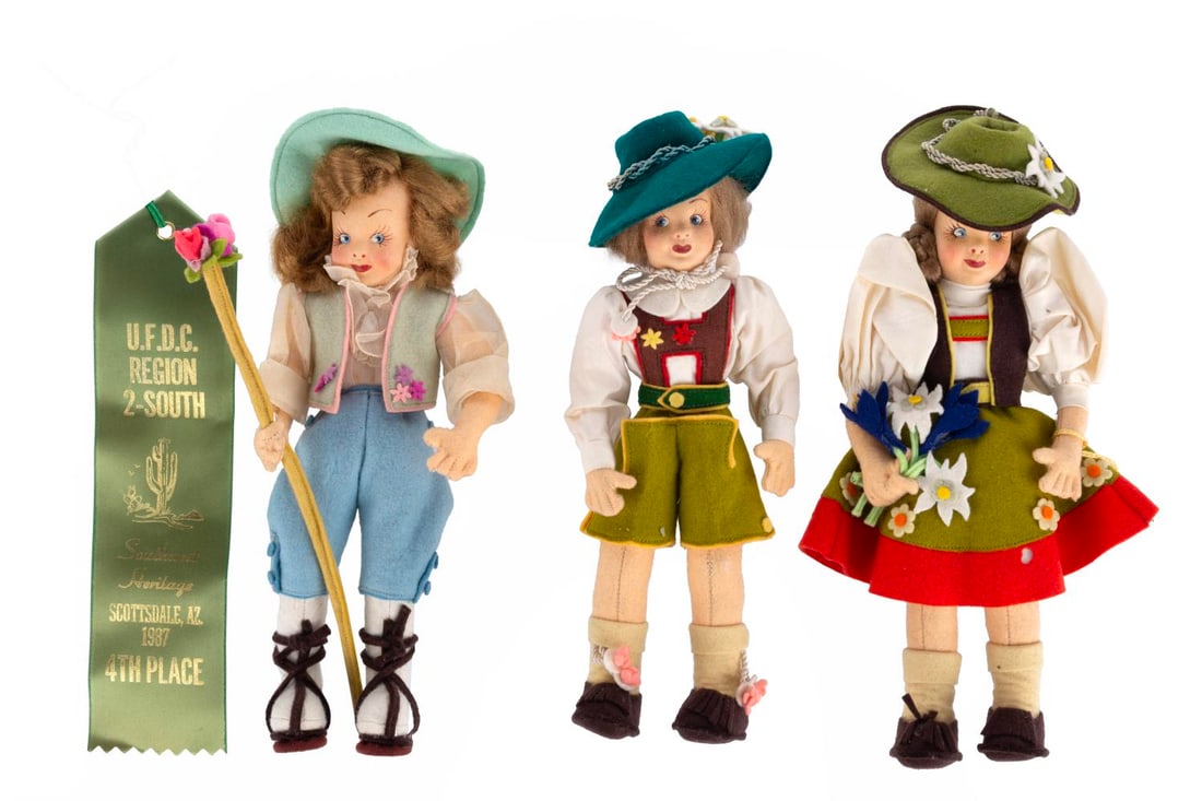 A Trio of Lenci Austrian Disney Dolls.: (Lenci, 1960s-70s) A rare set of dolls from the Lenci Company of Italy. Lenci is best remembered for their Disney animated character and Tom and Jerry dolls. These three dolls are dressed in