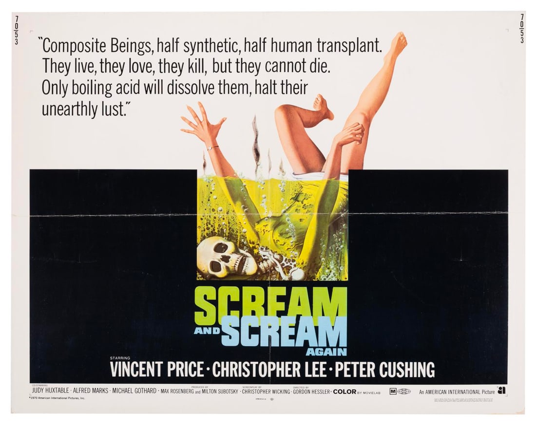 A “Scream and Scream Again?? Half-Sheet.: (American International Pictures, 1970) A half-sheet for “Scream and Scream Again,” starring horror icons Vincent Price, Christopher Lee, and Peter Cushing. Measuring 22" x 28", the poster is 