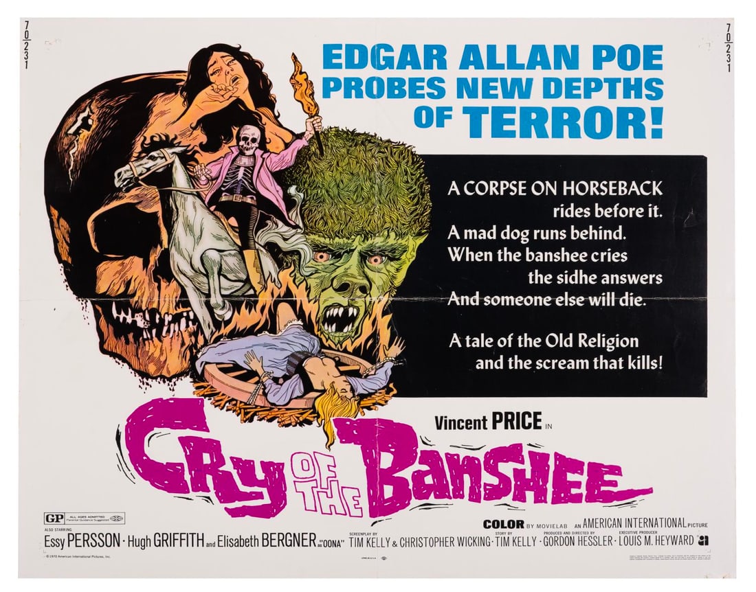 A “Cry of the Banshee?? Half-Sheet.: (American International Pictures, 1970) A half-sheet for “Cry of the Banshee,” starring horror legend Vincent Price. Measuring 20" x 28", the poster is in good condition with original folds, s