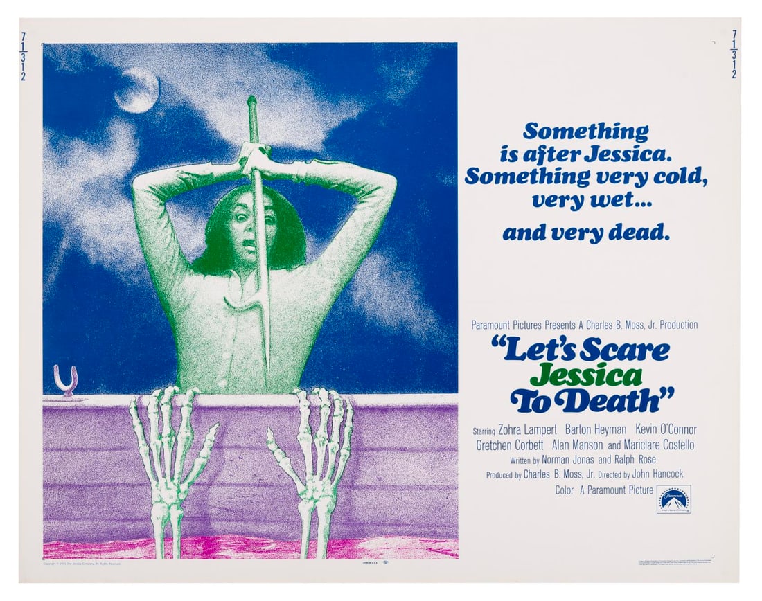 A "Let's Scare Jessica To Death" Half-Sheet.: (Paramount Pictures, 1971) A half sheet for "Let's Scare Jessica To Death." Measuring 20" x 28", the poster is in very good condition with very light creasing.