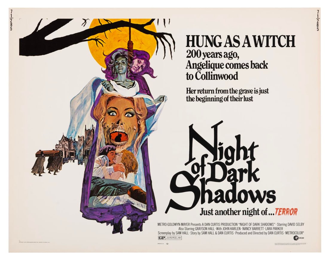 A "Night of Dark Shadows" Half-Sheet.: (MGM, 1971) A half-sheet for "Night of Dark Shadows," starring David Selby, Grayson Hall, and Kate Jackson. Measuring 22" x 28", the poster is in very good condition with light discoloration and creas