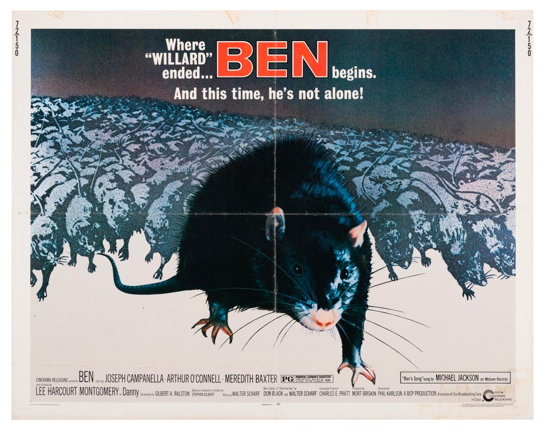 A "Ben" Half-Sheet.: (Cinerama Releasing Corp., 1972) An original half-sheet for the horror film "Ben," the sequel to "Willard." Measuring 20" x 28", the poster is in fair to good condition with original folds, non-origin