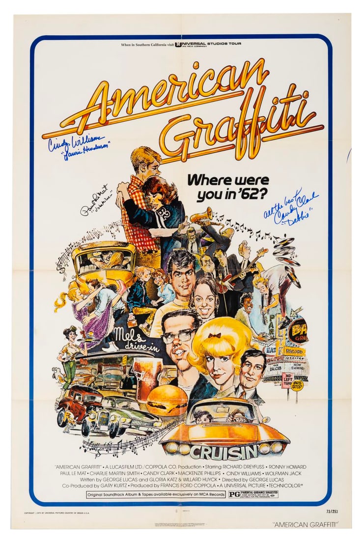 A Multi-Signed “American Graffiti?? One-Sheet.: (Universal, 1973) An original theatrical release one-sheet for “American Graffiti,” signed in ink by Cindy Williams, Paul Le Mat, and Candy Clark. Measuring 27" x 41" the poster is in good con