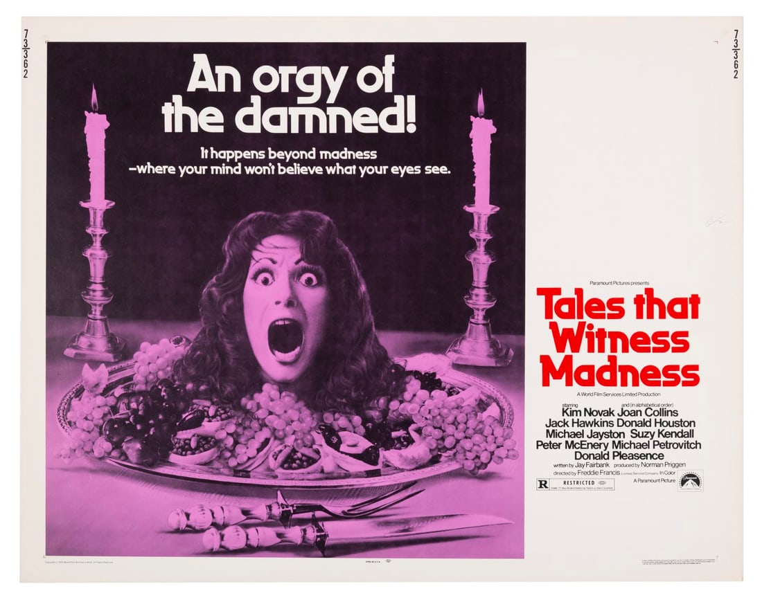 A “Tales That Witness Madness?? Half-Sheet.: (Paramount, 1973) A half-sheet for “Tales That Witness Madness,” starring Kim Novak, Joan Collins, and Donald Pleasence. Measuring 22" x 28", the poster is in very good condition with light