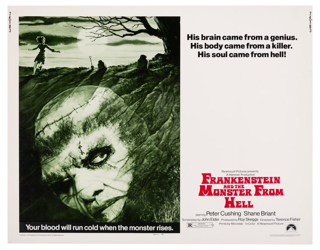A "Frankenstein and the Monster From Hell" Half-Sheet.: (Paramount, 1973) A half-sheet for the Hammer Film “Frankenstein and the Monster From Hell,” starring Peter Cushing and Shane Briant. Measuring 22" x 28", the poster is in very good condition