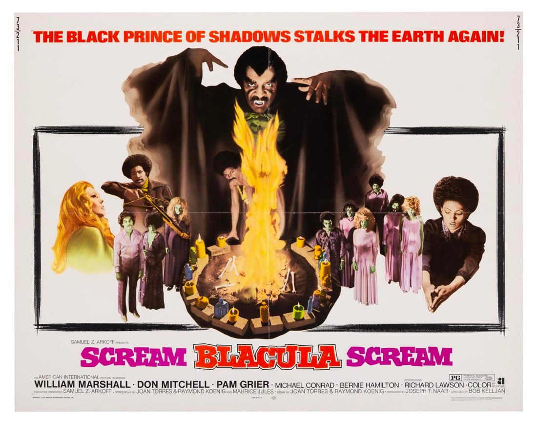 A “Scream Blacula Scream?? Half-Sheet.: (American International Pictures, 1973) A half-sheet for “Scream Blacula Scream” starring William Marshall, Don Mitchell, and Pam Grier. Measuring 22" x 28", the poster is in very good