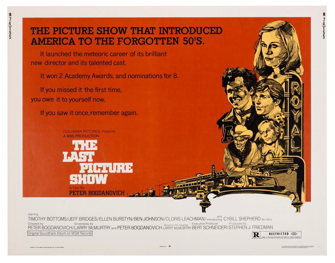 A "The Last Picture Show" Half-Sheet.: (Columbia Pictures, 1974) A half sheet for Peter Bogdanovich's "The Last Picture Show," starring Timothy Bottoms, Jeff Bridges, Ellen Burstyn, Ben Johnson, Cloris Leachman, and Cybill Shepherd.