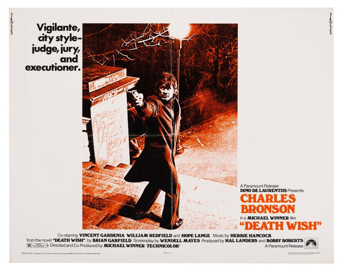 A "Death Wish" Half-Sheet.: (Paramount, 1974) A half-sheet for "Death Wish," starring Charles Bronson. Measuring 22" x 28", the poster is in good condition with original folds, several non-original folds, creasing, and pinholes.