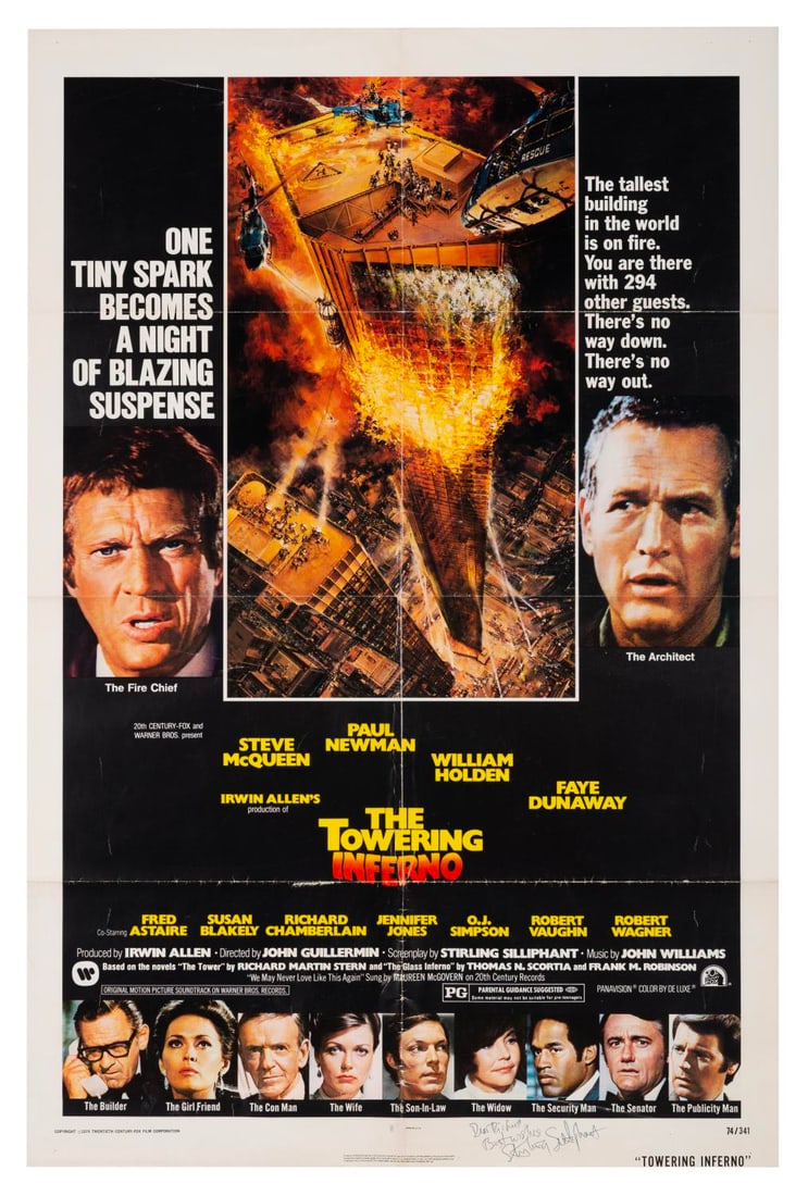 A Signed "Towering Inferno" One-Sheet.: (20th Century Fox, 1974) A one-sheet for "The Towering Inferno" signed by screenwriter Stirling Silliphant. Measuring 27" x 41", the poster is in fair condition with creasing, wear along fold lines,