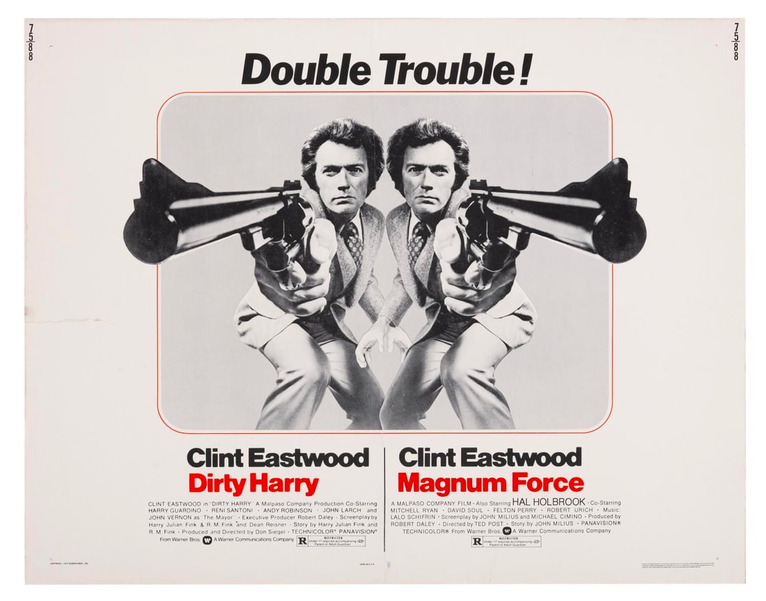 A "Dirty Harry" & "Magnum Force" Double Feature Half-Sheet.: (Warner Bros., 1975) A half-sheet for a Clint Eastwood double feature of "Dirty Harry" and "Magnum Force." Measuring 22" x 28", the poster is in fair condition with a 3.75" tear on the left edge and a