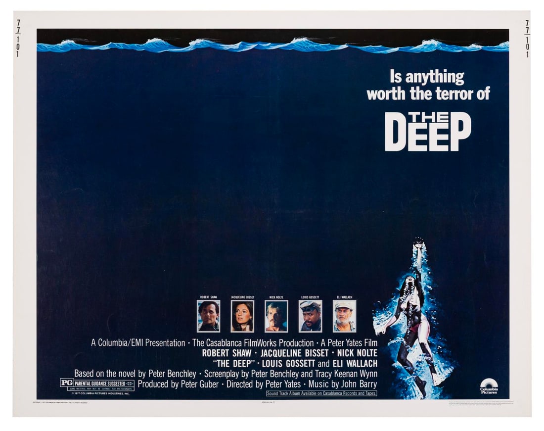 A "The Deep" Half-Sheet.: (Columbia/EMI, 1977) A half-sheet for "The Deep" starring Robert Shaw, Jacqueline Bisset, Louis Gossett Jr., and Nick Nolte. Measuring 22" x 28", the poster is in very good condition with light