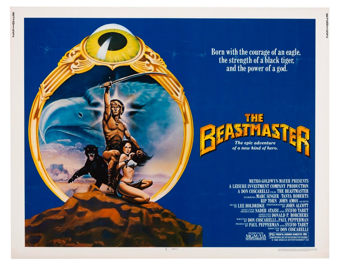 A “The Beastmaster?? Half-Sheet.: (MGM/United Artists, 1982) A half-sheet for “The Beastmaster” starring Marc Singer, Tanya Roberts, Rip Torn, and John Amos. Measuring 20" x 28", the poster is in good condition, with moderate