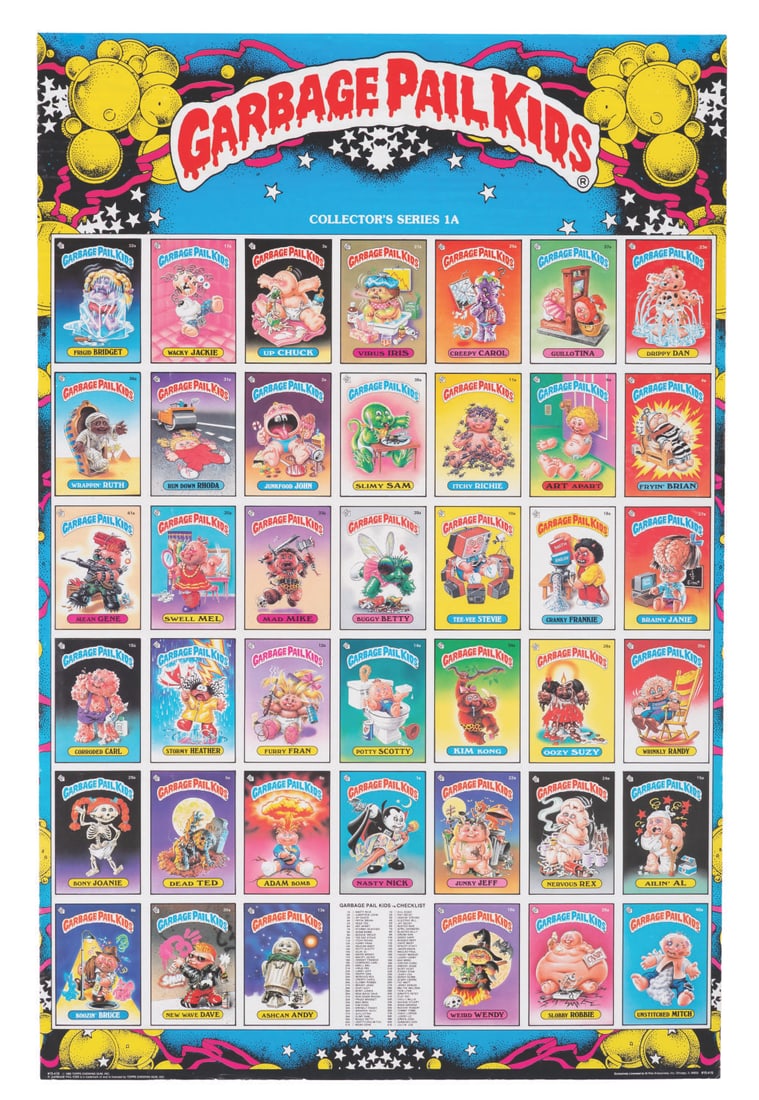 A Pair of Garbage Pail Kids Collector's Series 1A & 1B Posters.: (Topps, 1985) A pair of posters featuring images of all 36, series 1A and 1B Garbage Pail Kids cards. Each card was released with two different names for the character, resulting in "A" and "B" sets