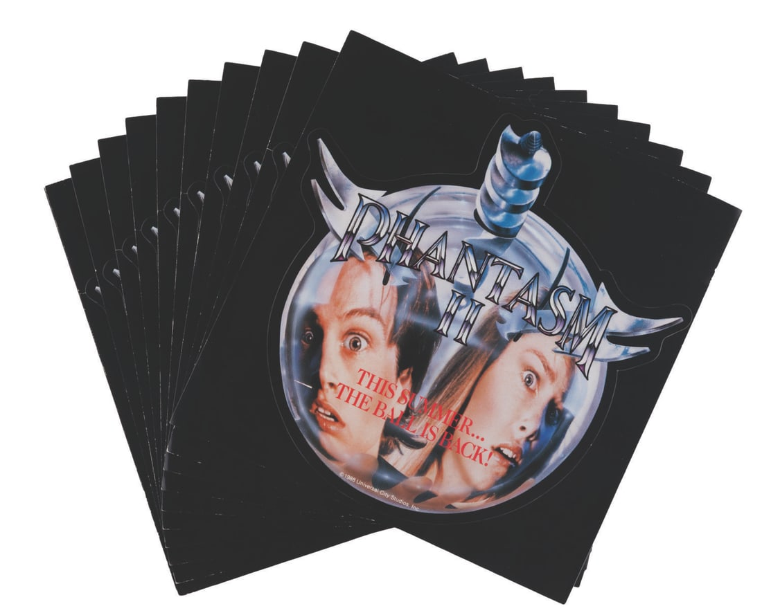 "Phantasm II" Stickers.: (Universal, 1988) A collection of 11 stickers promoting the release of "Phantasm II." Measuring 5.75" x 5.75", the unused stickers are on their original cards and in good to very good condition with