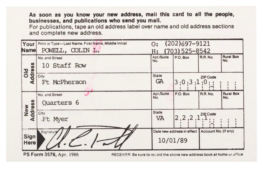 A Colin Powell Change of Address Card.: (USPS, 1989) A Change of Address Card sent from Colin Powell's office to Mrs. Luis Bellson after he moved into Quarters 6 at Fort Myer, while serving as Chairman of the Joint Chiefs of Staff from