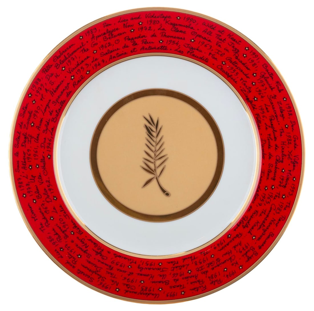 A 50th Anniversary Cannes Film Festival Plate.: (Philippe Deshoulieres, 1997) A commemorative plate for the 50th anniversary of the Cannes Film Festival in 1997. The front pattern contains the name of every Best Picture winner from 1946 to 1996.