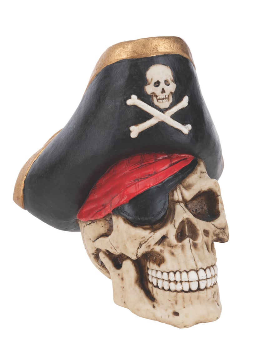 A Pirate Skull Coin Bank.: (W.U.I., 2000) A pirate skull coin bank made out of resin. Measuring 6" x 5.75" x 6" tall, the bank is in very good condition with light wear.