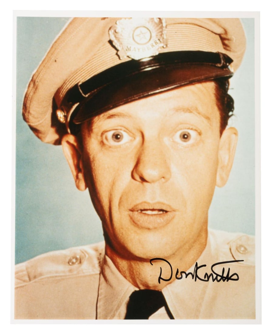 A Don Knotts Signed Photo.: (CBS, 1980s) A signed photo of Don Knotts as Sheriff Barney Fife in “The Andy Griffith Show.” The 8” x 10” autographed photo is in fine condition.