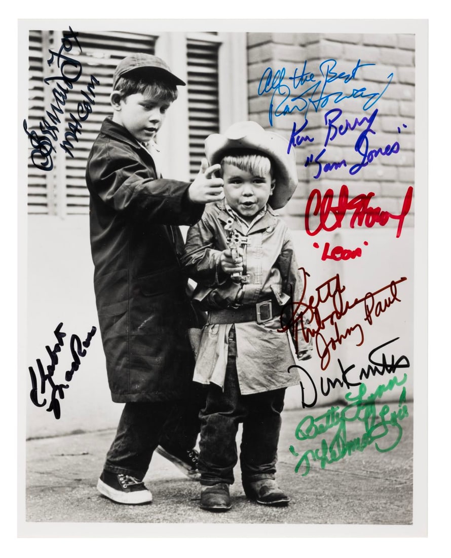 An “Andy Griffith Show?? Multi-Signed Publicity Photo.: (CBS, 1980s-90s) A photograph of young brothers Ron and Clint Howard on “The Andy Griffith Show” signed by eight cast members. The photo is signed by Ron Howard (Opie), Clint Howard (Leon),