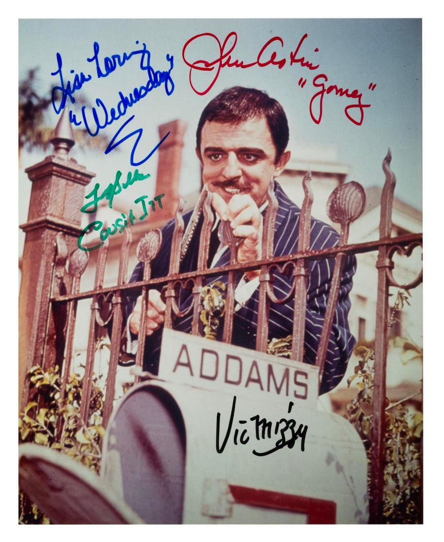 A Multi-Signed "The Addams Family" Publicity Photo.: (ABC, 1980s-90s) A publicity photo of Gomez from “The Addams Family” television series with four signatures. The print is signed by John Astin (Gomez), Lisa Loring (Wednesday), Felix Silla (Co
