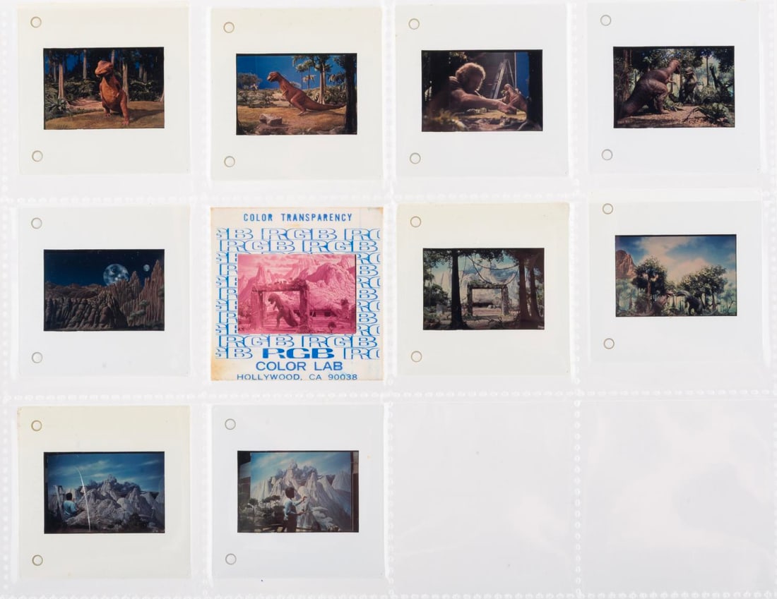 Publicity Slides from “Land of the Lost.: (Sidd and Marty Krofft, 1974-77) A collection of 10 35mm slides of publicity photos from the Sid and Marty Kroff television series “Land of the Lost.” Photos include stop-motion animators