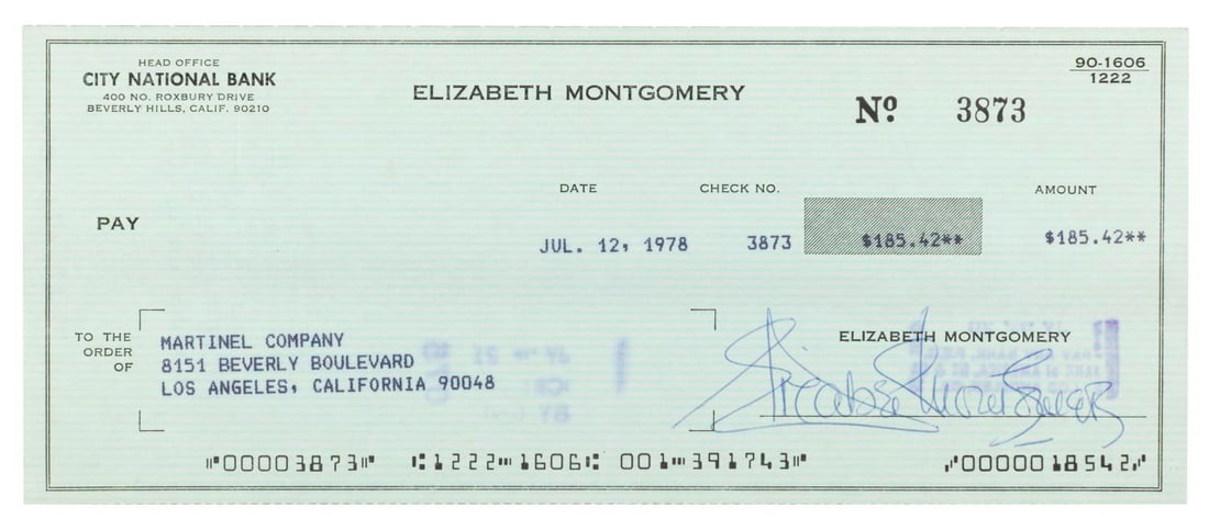 An Elizabeth Montgomery Signed Check.: (Montgomery, 1978) A personal check signed by "Bewitched" star Elizabeth Montgomery, dated July 12, 1978. Measuring 3.5" x 8.5", the check is in very good condition with multiple bank deposit stamps