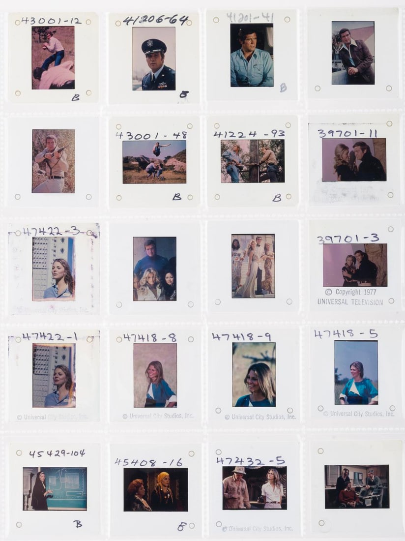 "The Six Million Dollar Man" and "The Bionic Woman" Publicity Slides.: (ABC, 1973/1976) A collection of 20 35mm slides of publicity photos from "The Six Million Dollar Man" and "The Bionic Woman." Pictured are the cast, including Lee Majors, Lindsay Wagner, and Farrah
