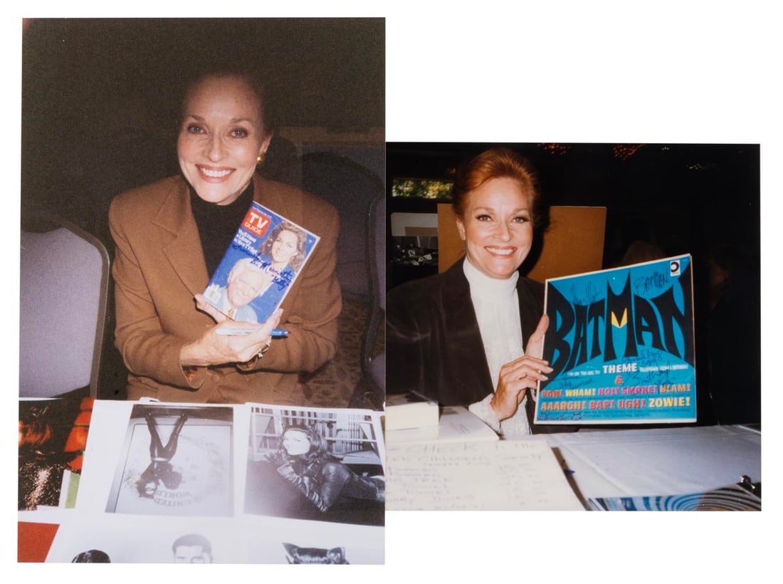 A Pair of Lee Meriweather Catwoman Convention Photos.: (Meriweather, 1990s) Two color prints of Lee Meriweather signing memorabilia at Hollywood Collector shows. Measuring up to 8” x 12”, the photos are in very good condition.