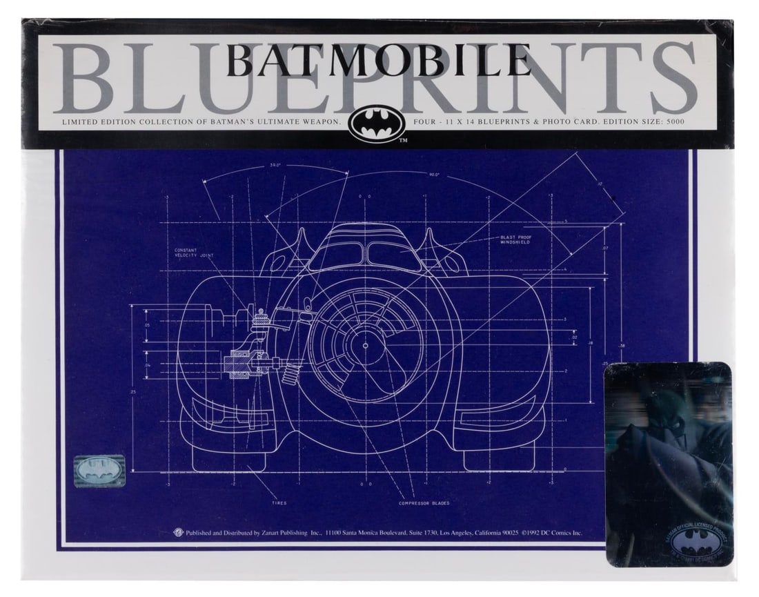 A Set of Limited Edition Batmobile Blueprints.: (Zanart, 1992) A set of Batmobile blueprints, released in a limited edition of 5000. Measuring 11" x 14", the unopened print set is in presumed fine condition.