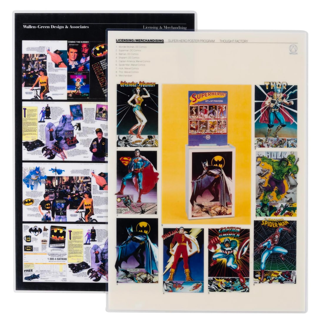 Superhero Posters and “Batman?? Movie Presentation Boards.: (Thought Factory/Warner Bros., 1977/89) A pair of laminated presentation boards for Superhero posters and the Michael Keaton “Batman” movie. The posters are from 1977, including CDC and Marvel