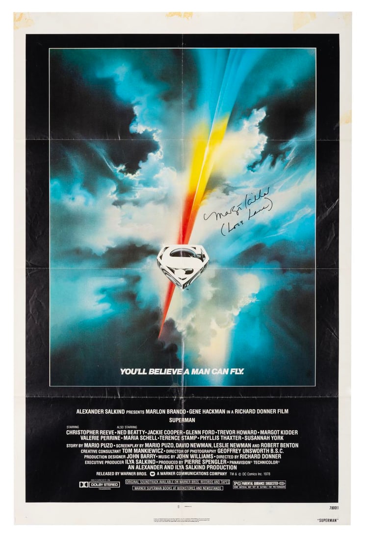 A Margot Kidder Signed “Superman?? One-Sheet.: (Warner Bros., 1978) A one-sheet for “Superman,” signed by Margot Kidder (Lois Lane). Measuring 27" x 41", the poster is in fair condition with heavy adhesive residue spots throughout, discolo